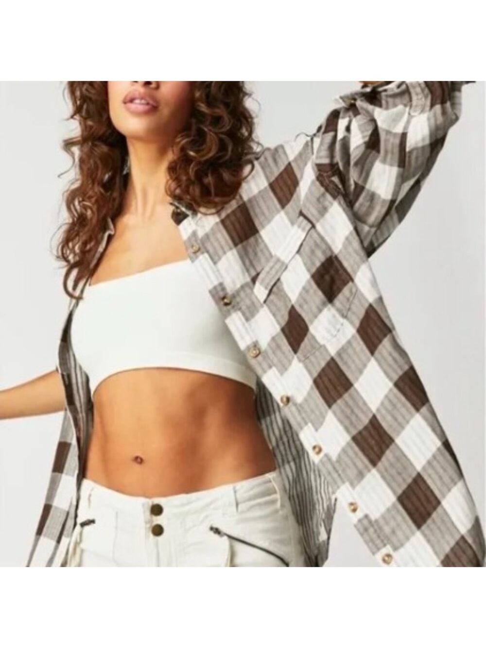 Free People Brown and White Plaid Button-Down Shirt
